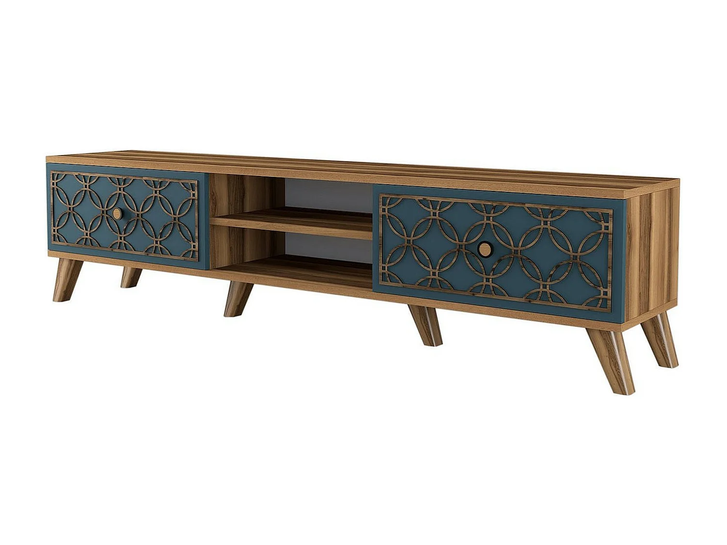 Meuble TV Dgabbiadin, Buffet de salon, Armoire basse pour TV, Base murale de rangement, 180x35 h44 cm, Noyer et bleu