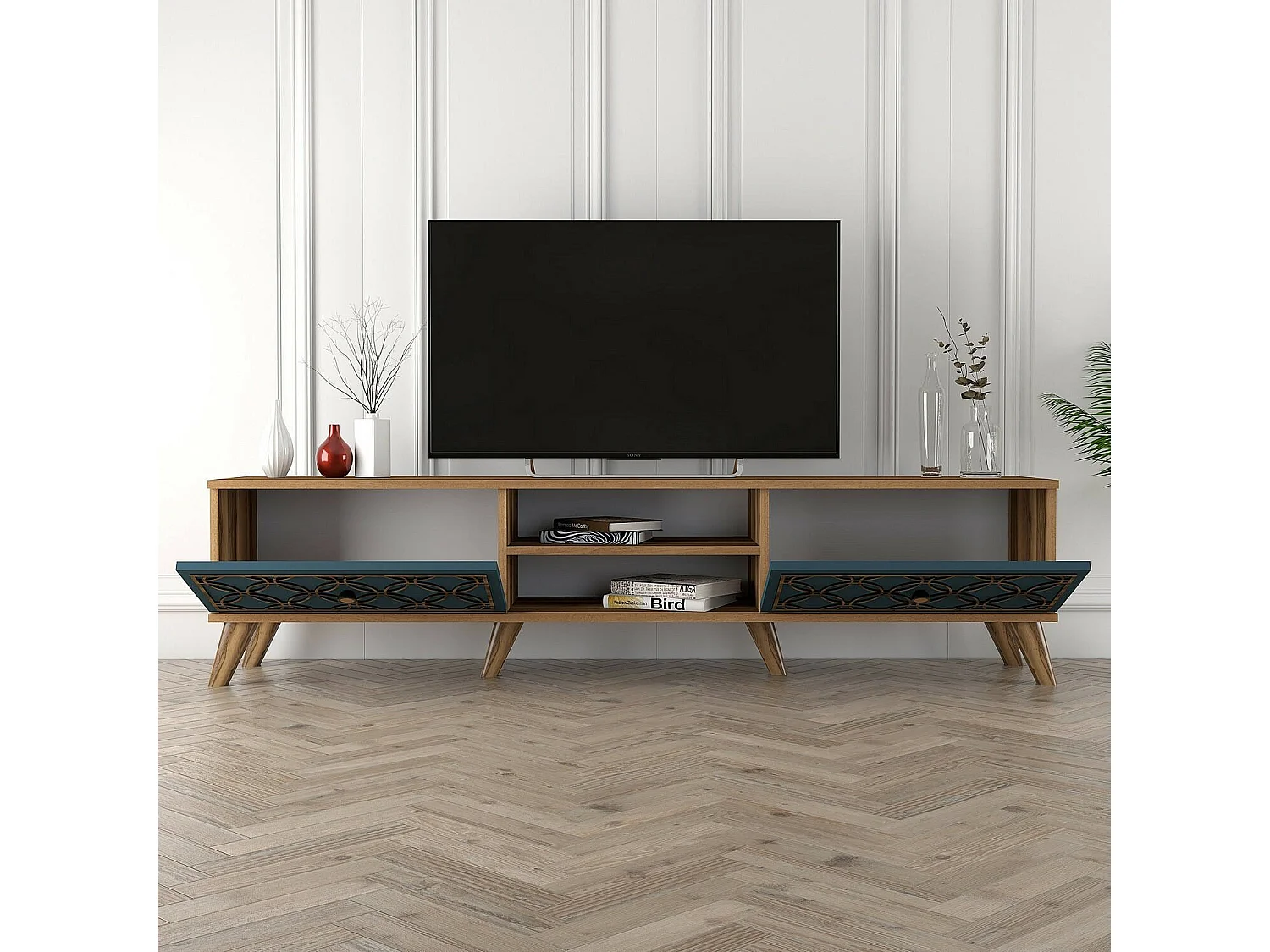 Meuble TV Dgabbiadin, Buffet de salon, Armoire basse pour TV, Base murale de rangement, 180x35 h44 cm, Noyer et bleu