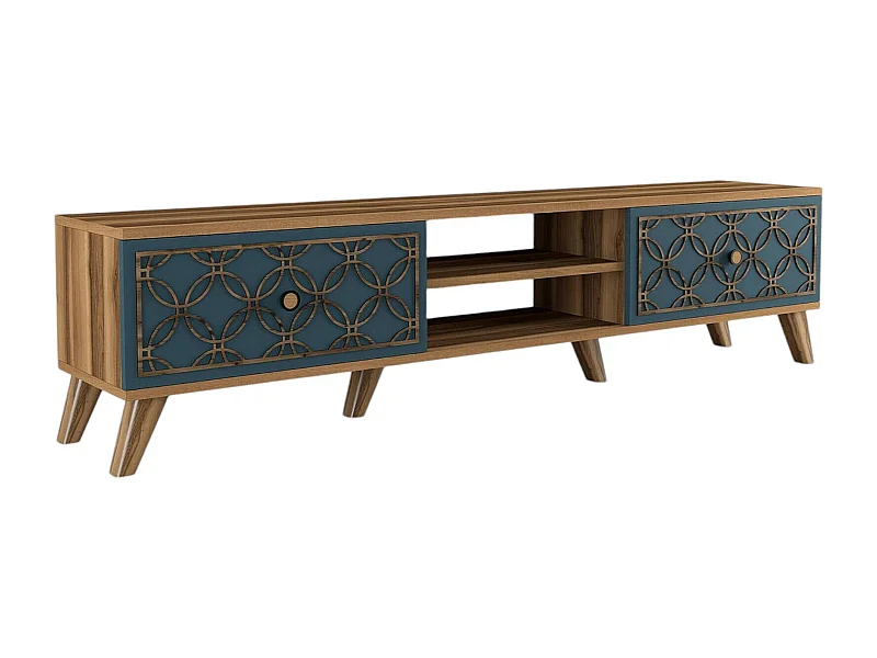Fernsehschrank Dgabbiadin, Ständer für Wohnzimmerfernseher, Niedriges Wohnzimmer-Sideboard, TV-Ständerbasis, 180x35 h44 cm, Walnuss und Blau