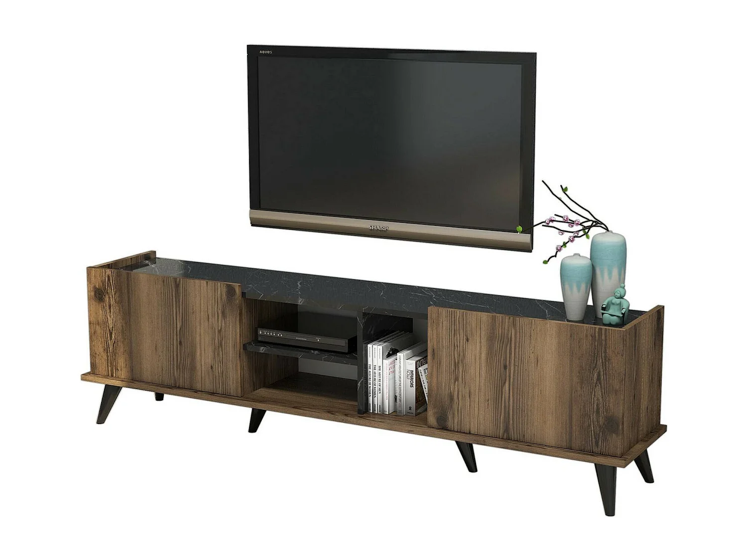 Mueble de televisión Dmoscatell, Aparador de salón, Mueble bajo para TV, Base de pared equipada, 180x34 h52 cm, Nogal y Negro