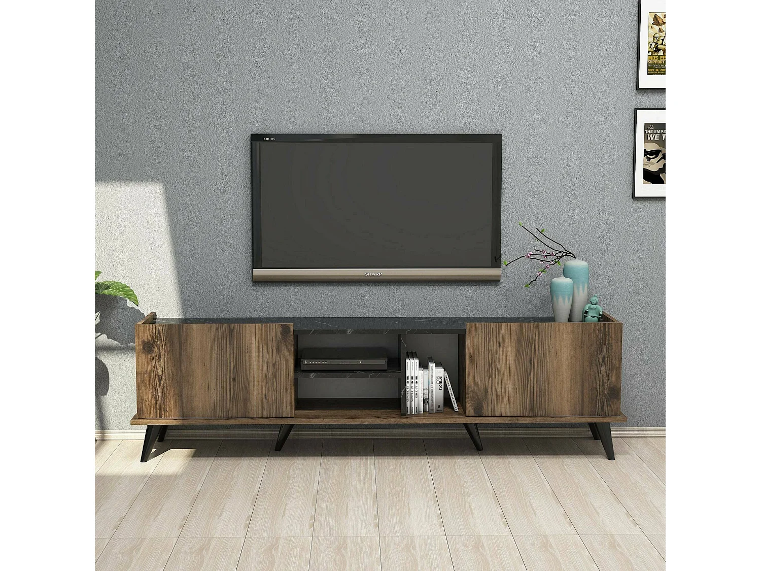 Meuble TV Dmoscatell, Buffet de salon, Armoire basse pour TV, Base murale de rangement, 180x34 h52 cm, Noyer et Noir