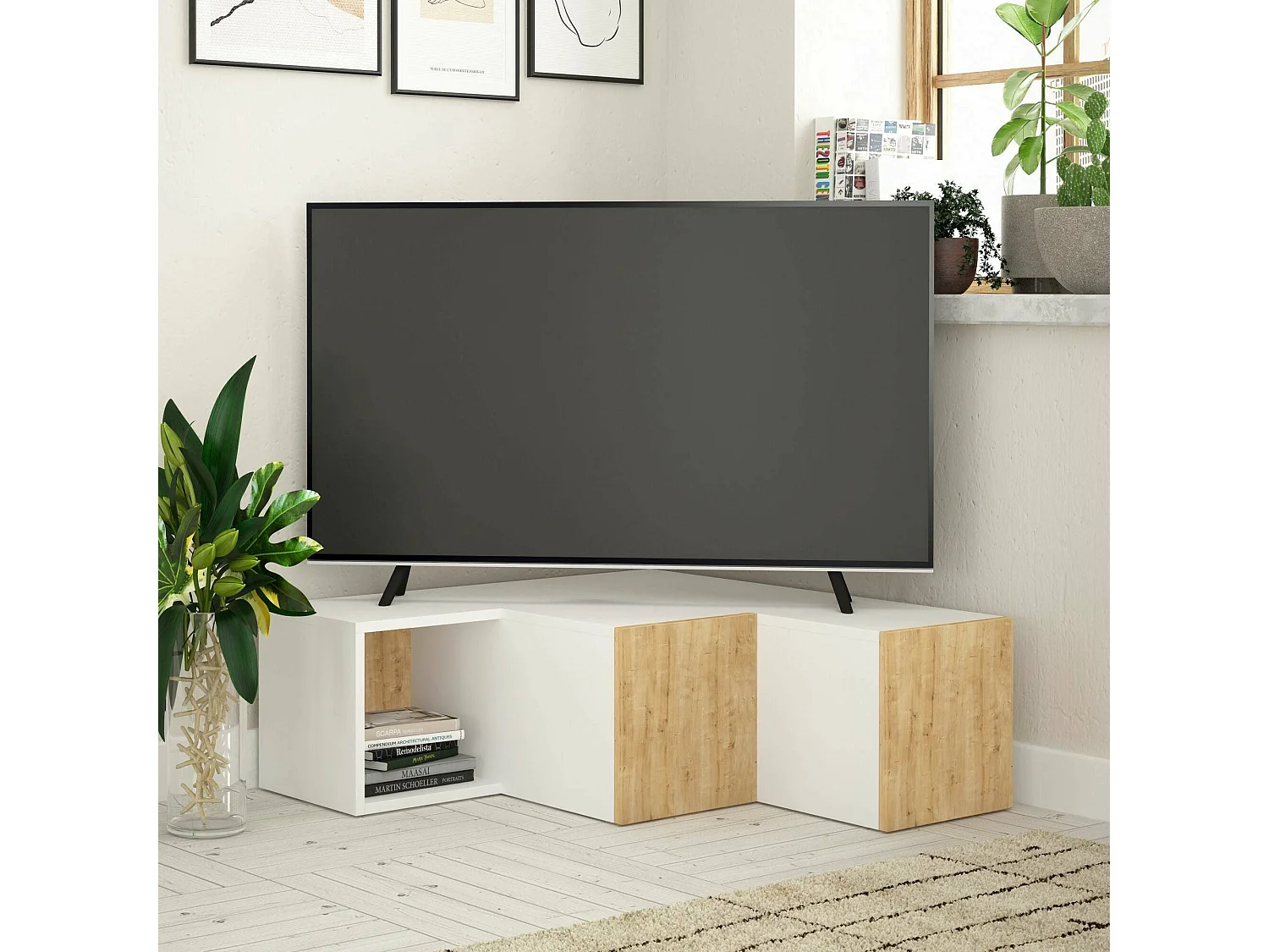 Meuble TV Dghirardell, Buffet de salon, Armoire basse pour TV, Base murale de rangement, 90x92 h32 cm, Blanc et chêne