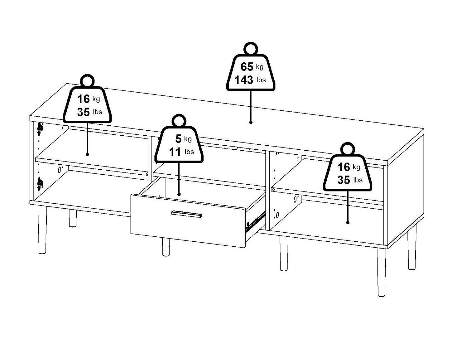 Dtoc TV-meubel, Woonkamerdressoir, Lage TV-kast, Voorzien van onderbouw, 147x40 h57 cm, Eiken