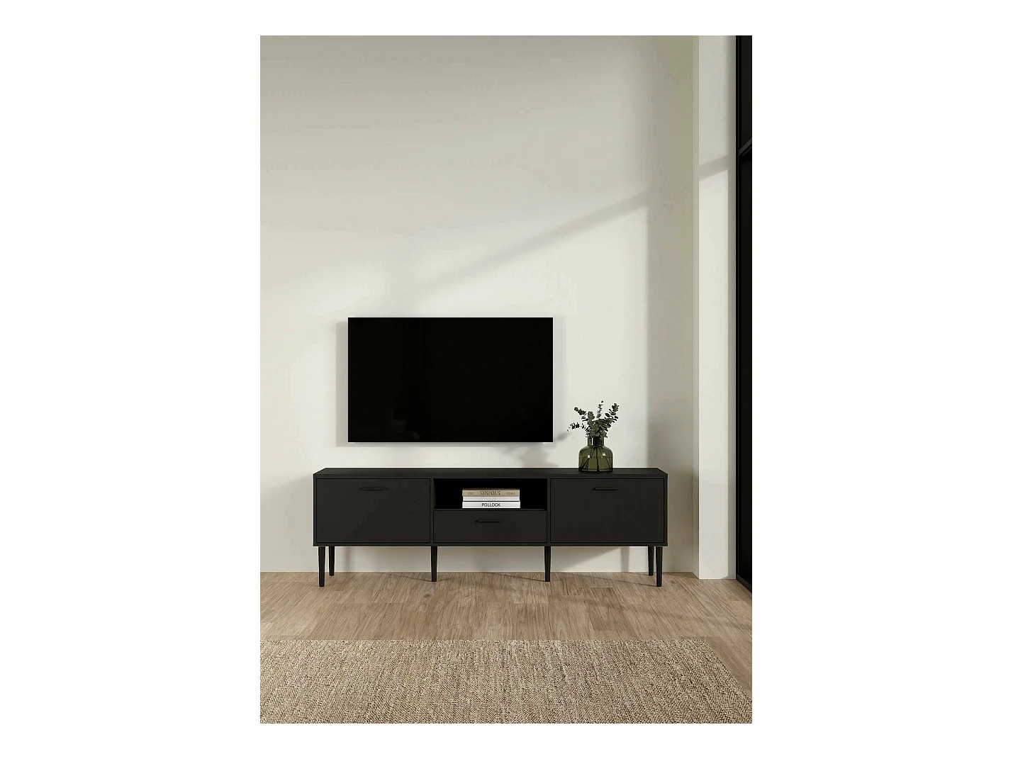 Meuble TV Dtisc, Buffet de salon, Armoire basse pour TV, Base murale de rangement, 177x40 h57 cm, Noir