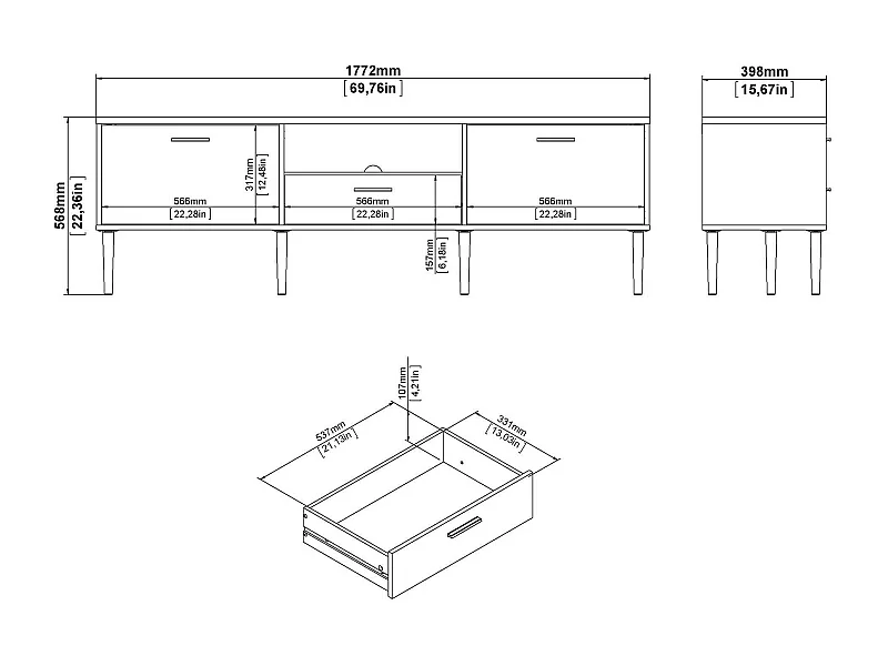 Meuble TV Dtisc, Buffet de salon, Armoire basse pour TV, Base murale de rangement, 177x40 h57 cm, Noir