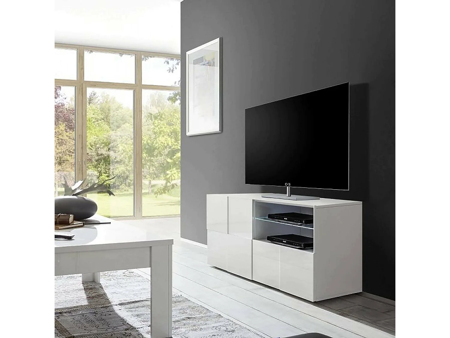 Meuble TV Dcutron, Buffet de salon, Armoire basse pour TV, Base murale de rangement, Made in Italy, 122x43 h57 cm, Blanc brillant