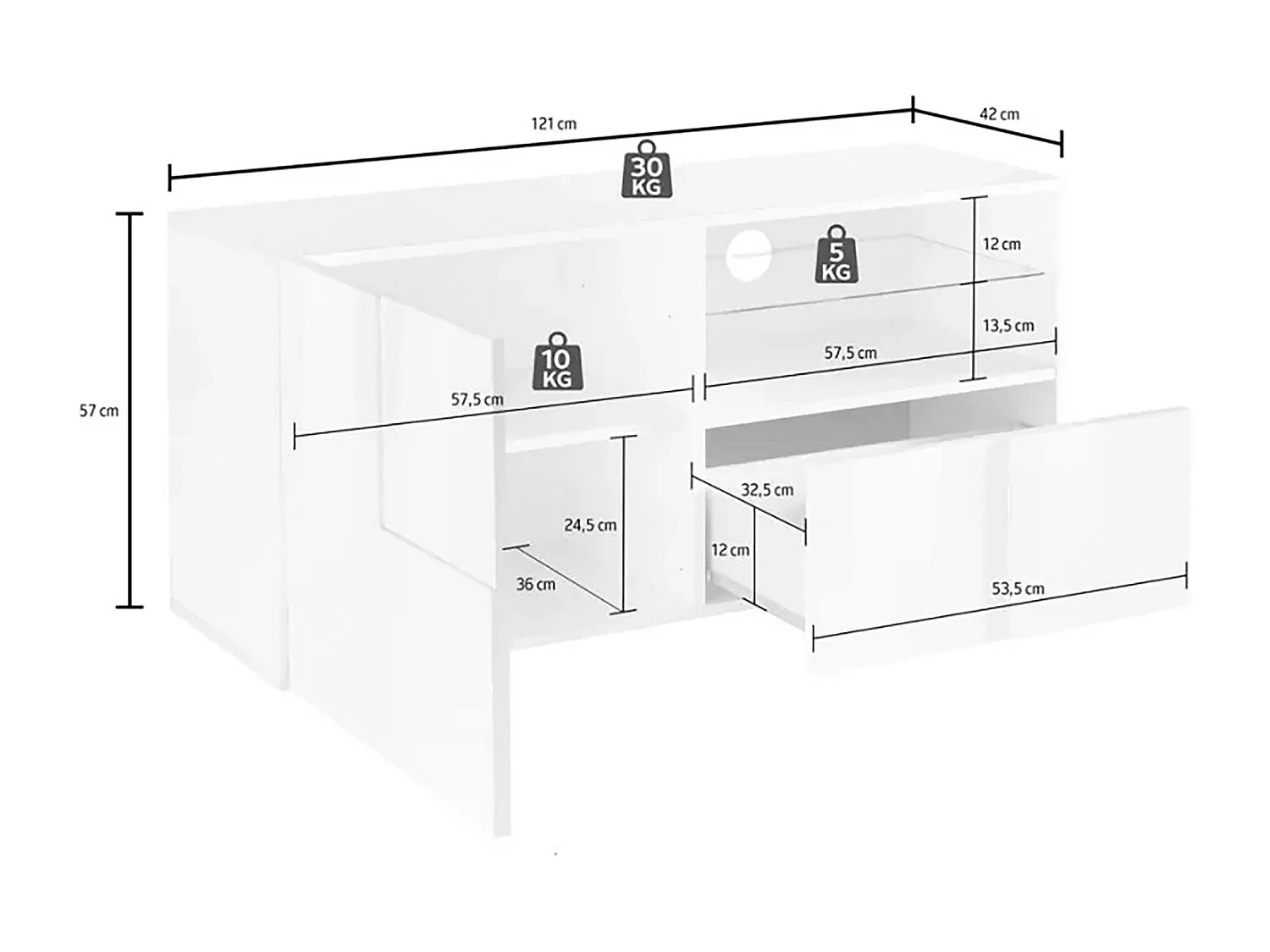 Meuble TV Dcutron, Buffet de salon, Armoire basse pour TV, Base murale de rangement, Made in Italy, 122x43 h57 cm, Blanc brillant