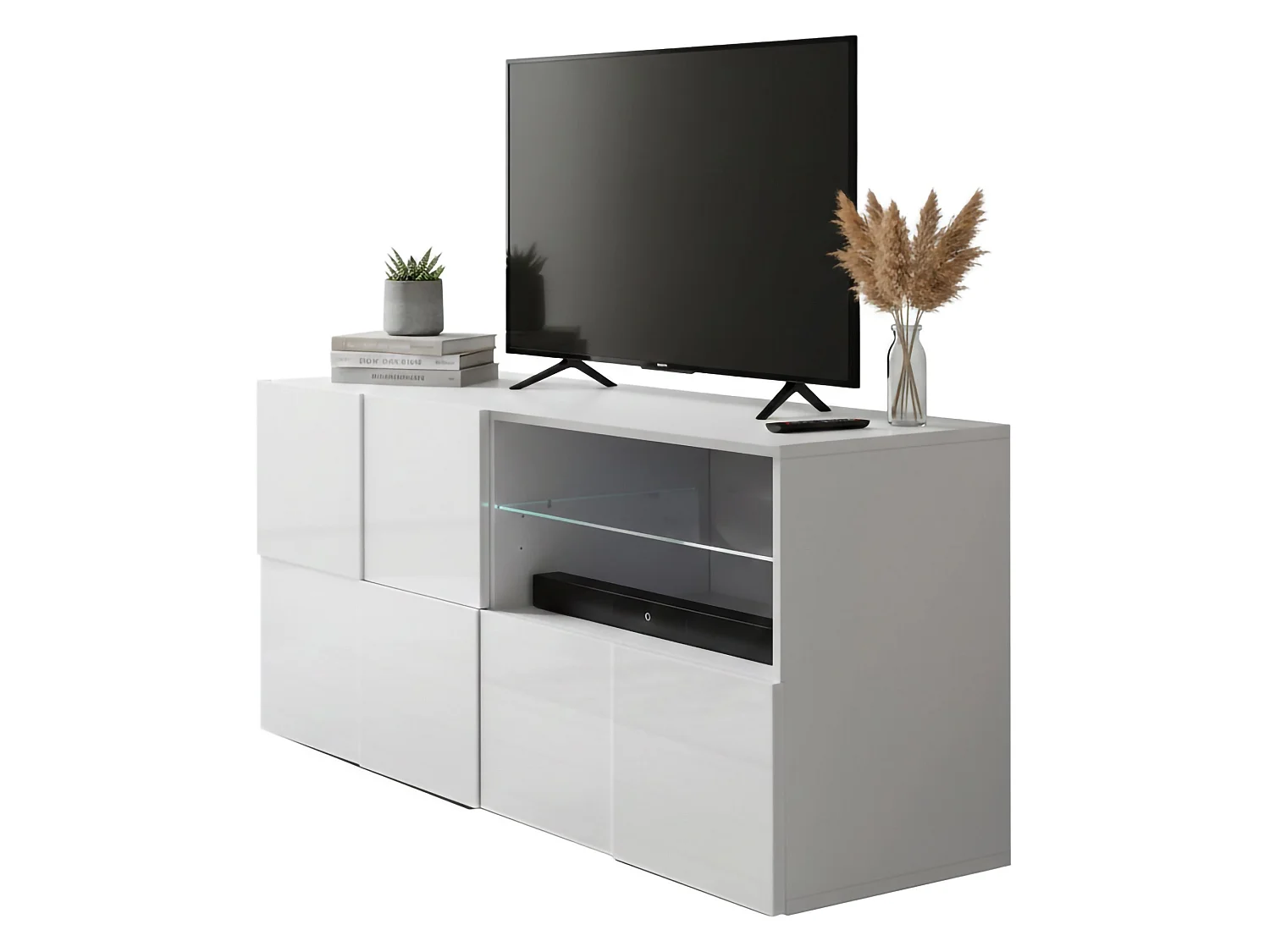 Meuble TV Dcutron, Buffet de salon, Armoire basse pour TV, Base murale de rangement, Made in Italy, 122x43 h57 cm, Blanc brillant
