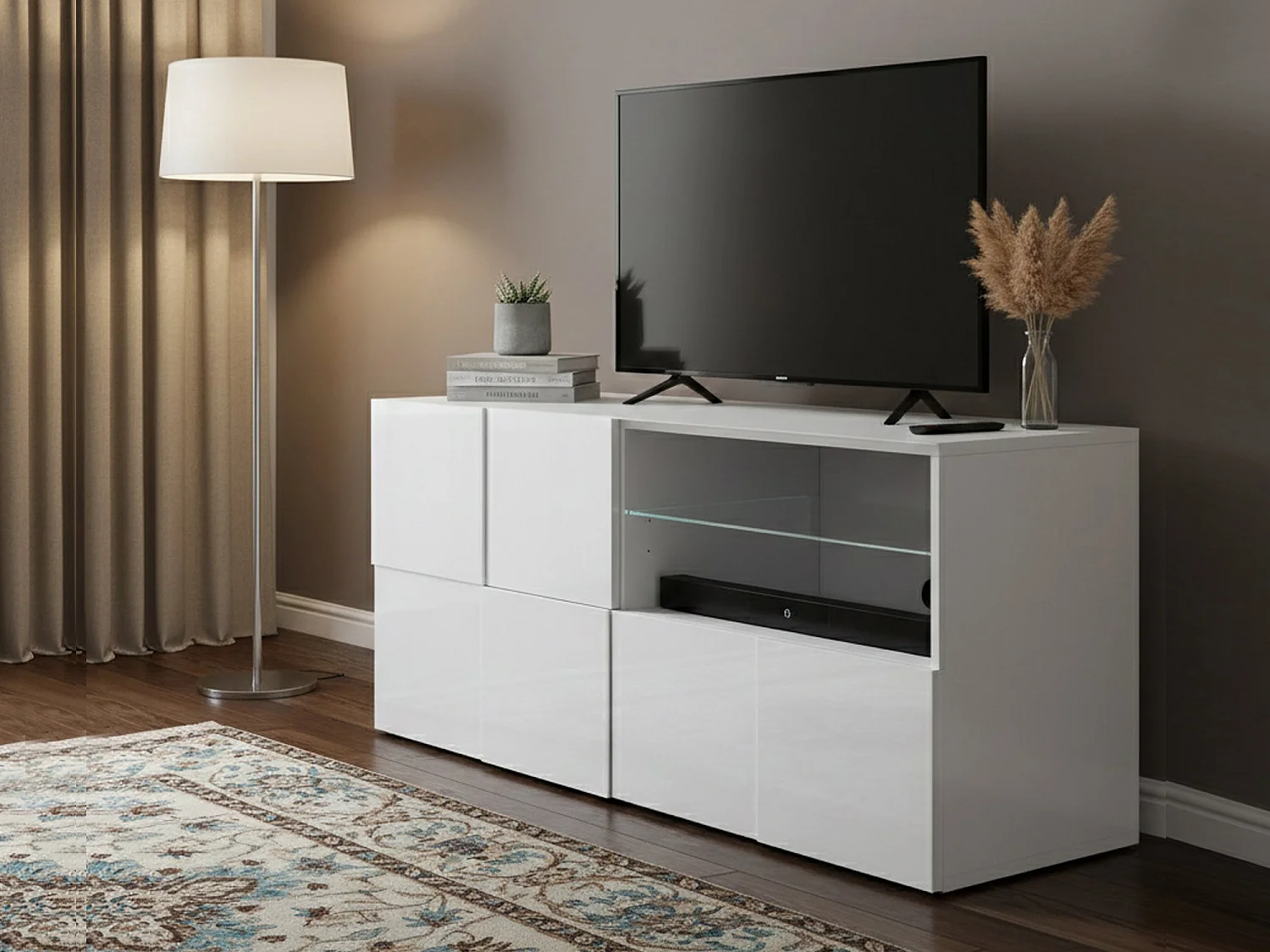 Meuble TV Dcutron, Buffet de salon, Armoire basse pour TV, Base murale de rangement, Made in Italy, 122x43 h57 cm, Blanc brillant