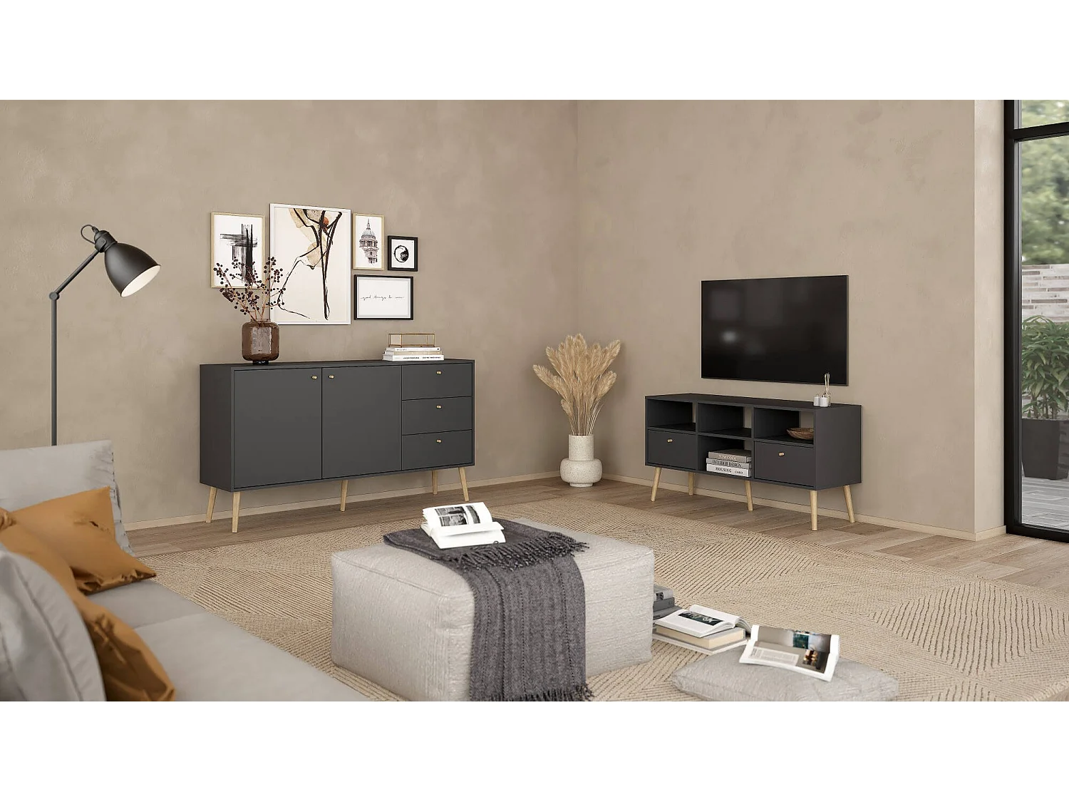 Dtoedtl TV-meubel, Woonkamerdressoir, Lage tv-kast, Voorzien van wandbasis, 117x39 h61 cm, Grijs