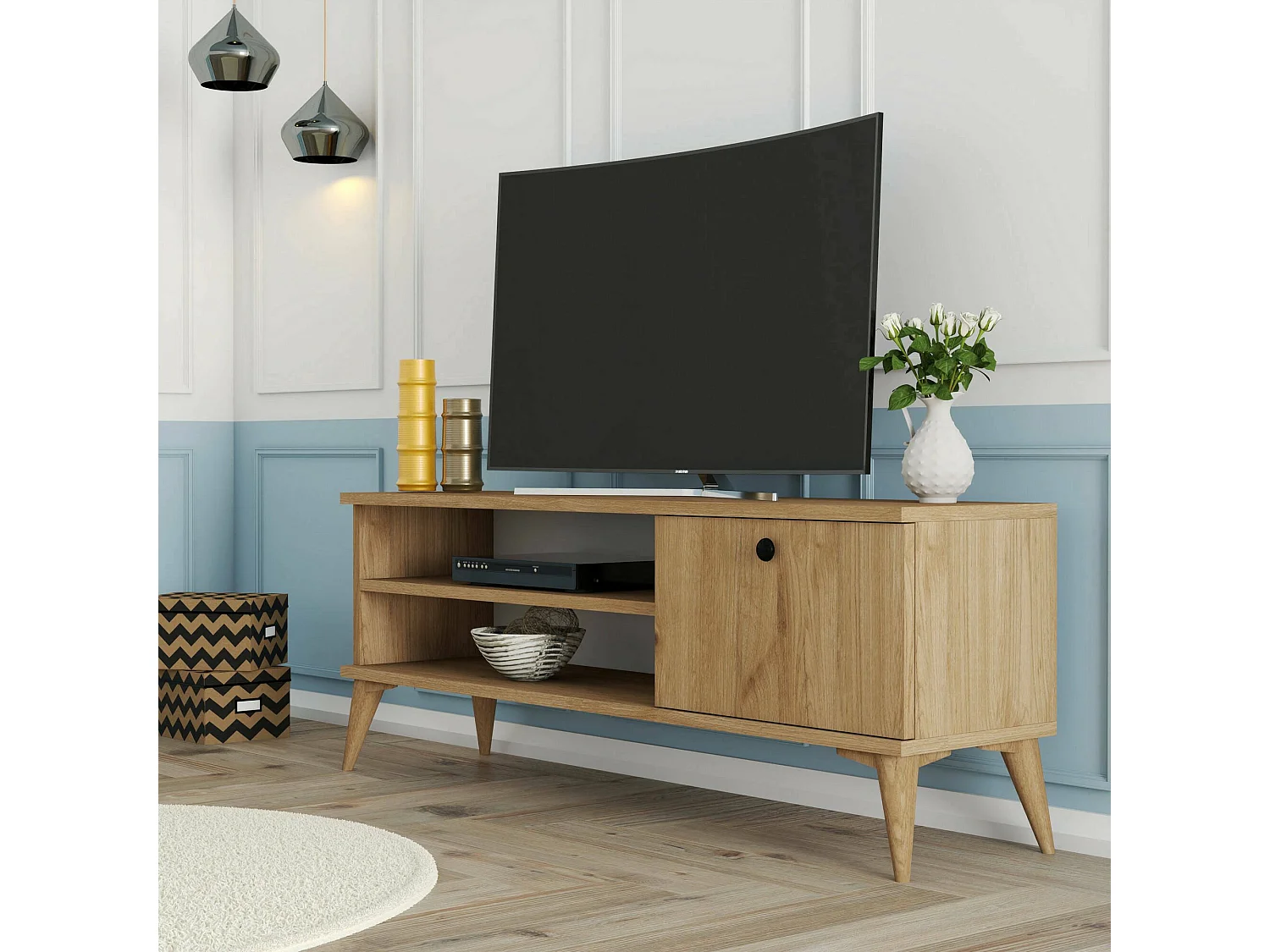 Meuble TV Dghigliott, Buffet de salon, Armoire basse pour TV, Base murale de rangement, 120x30 h45 cm, Chêne