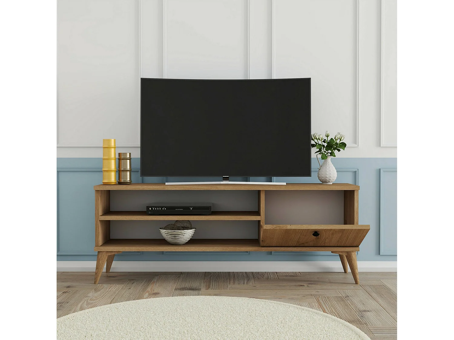 Meuble TV Dghigliott, Buffet de salon, Armoire basse pour TV, Base murale de rangement, 120x30 h45 cm, Chêne