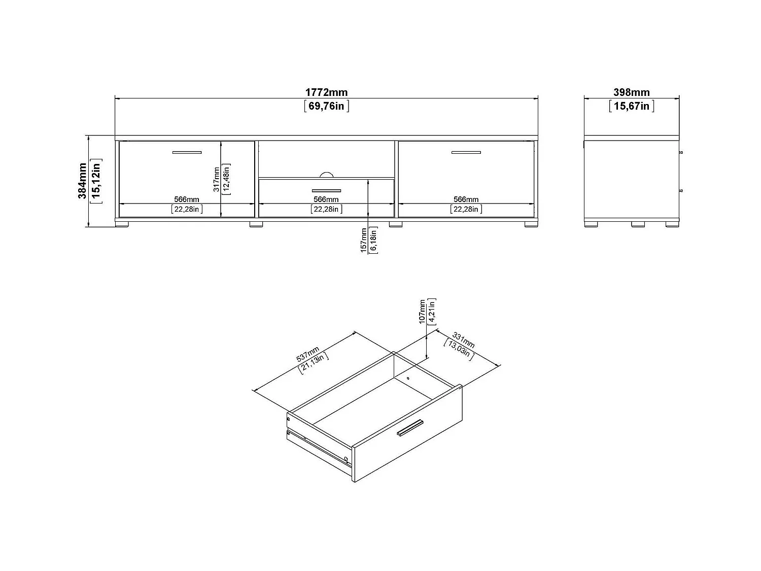 Dtinagli TV-meubel, Woonkamerdressoir, Lage tv-kast, Voorzien van wandbasis, 177x40 h38 cm, Zwart