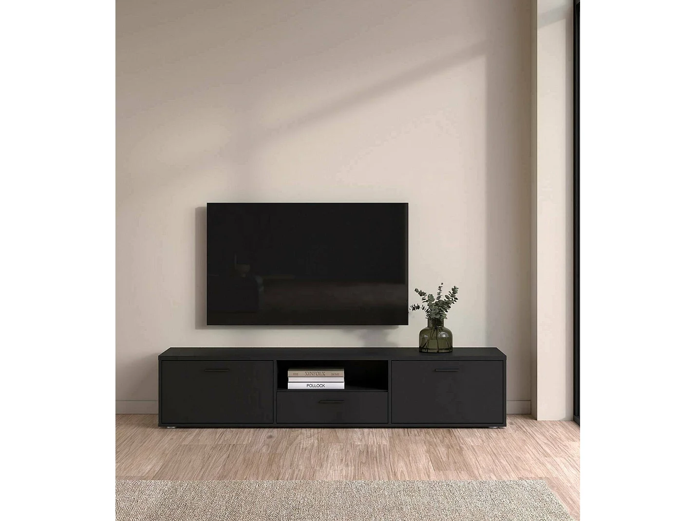 Meuble TV Dtinagli, Buffet de salon, Armoire basse pour TV, Base murale de rangement, 177x40 h38 cm, Noir