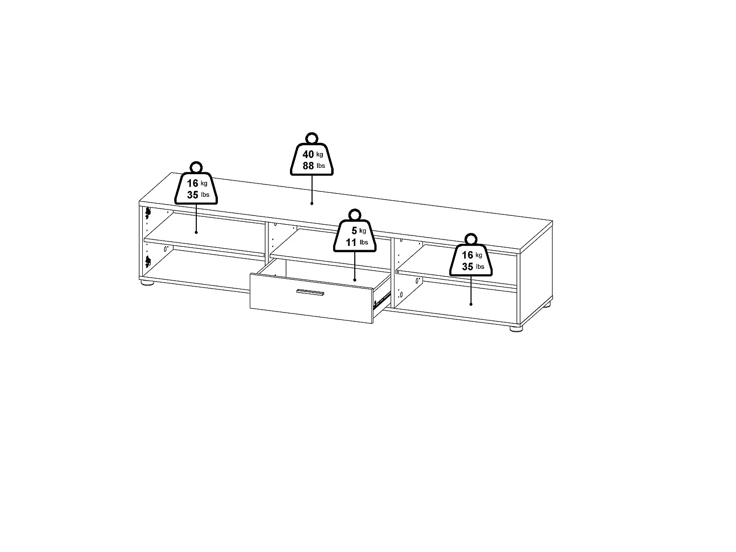 Dtinagli TV-meubel, Woonkamerdressoir, Lage tv-kast, Voorzien van wandbasis, 177x40 h38 cm, Zwart