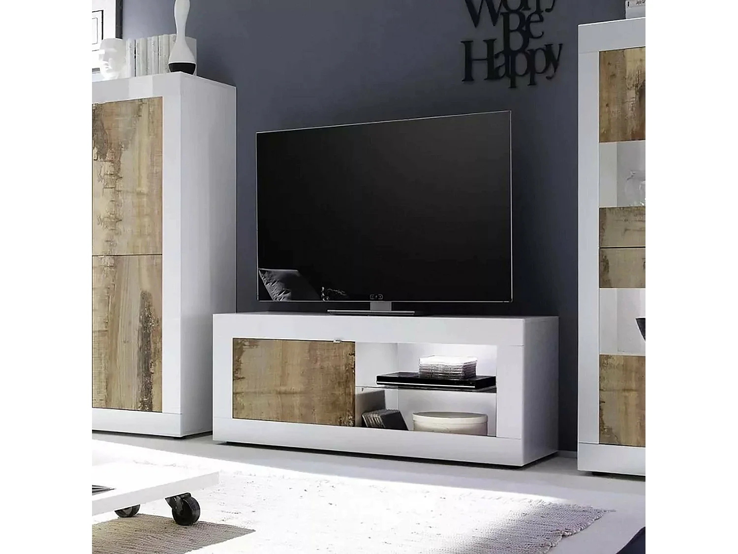 Meuble TV Dfult, Buffet de salon, Armoire basse pour TV, Base murale de rangement, Made in Italy, 140x43 h56 cm, Blanc et Acacia