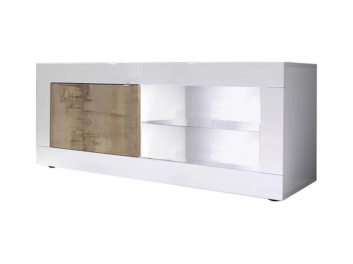 Dfult TV-meubel, Woonkamerdressoir, Lage tv-kast, Uitgeruste muurbasis, Made in Italy, 140x43 h56 cm, Wit en Acacia