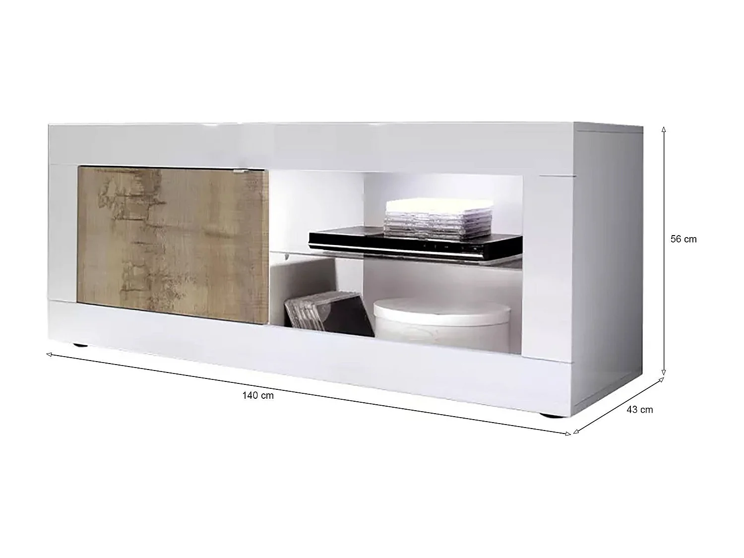Meuble TV Dfult, Buffet de salon, Armoire basse pour TV, Base murale de rangement, Made in Italy, 140x43 h56 cm, Blanc et Acacia