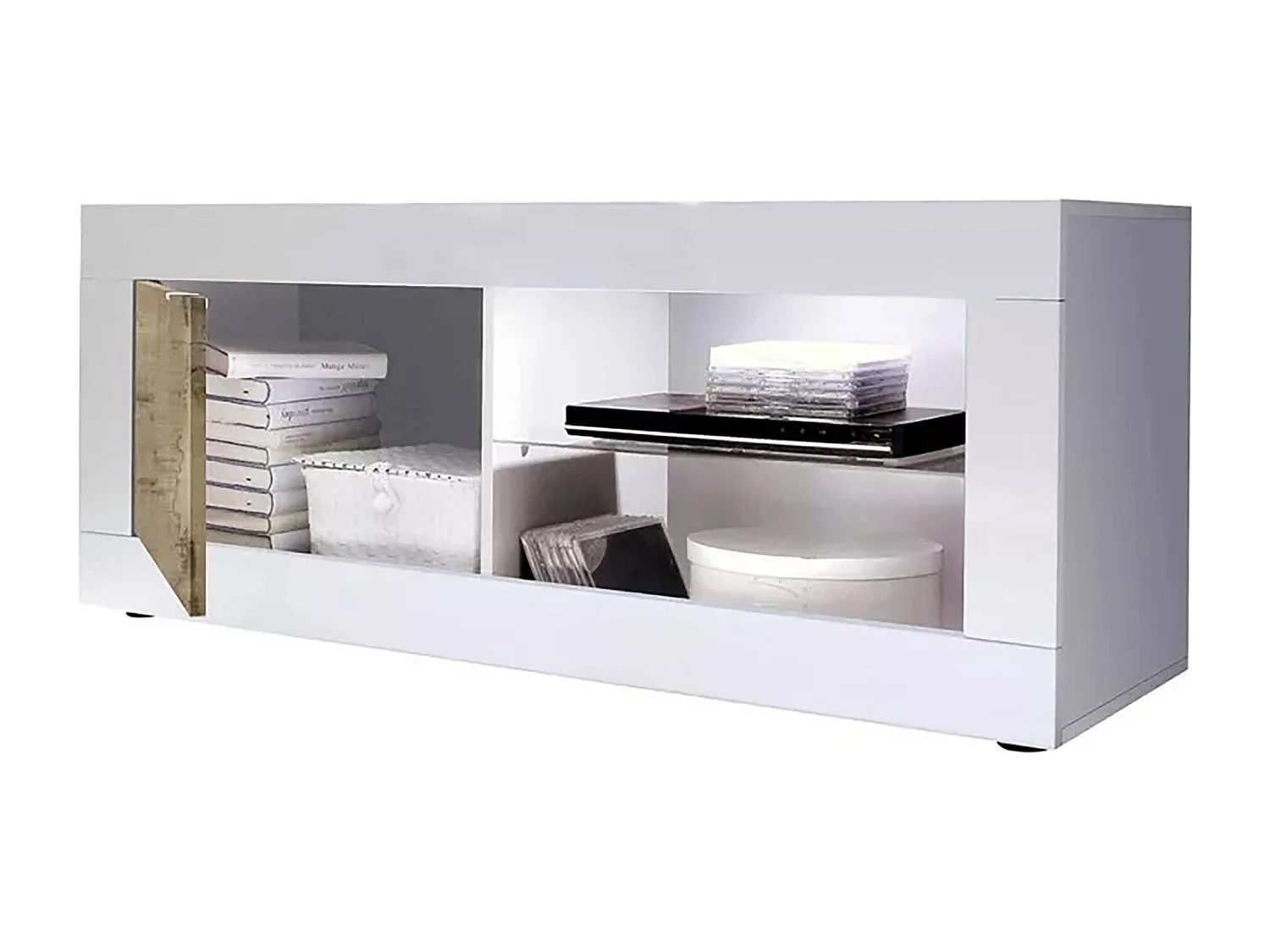 Meuble TV Dfult, Buffet de salon, Armoire basse pour TV, Base murale de rangement, Made in Italy, 140x43 h56 cm, Blanc et Acacia