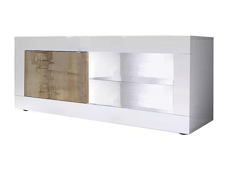 Dfult TV-meubel, Woonkamerdressoir, Lage tv-kast, Uitgeruste muurbasis, Made in Italy, 140x43 h56 cm, Wit en Acacia