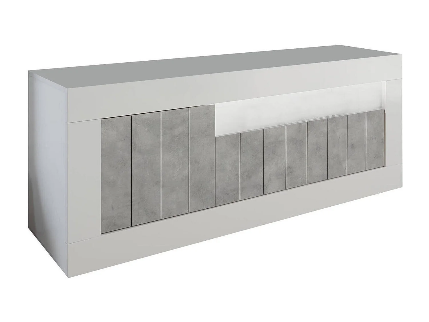 Dmurra TV-meubel, Woonkamerdressoir, Lage tv-kast, Voorzien van wandbasis, Made in Italy, 138x42 h56 cm, Glanzend wit en beton