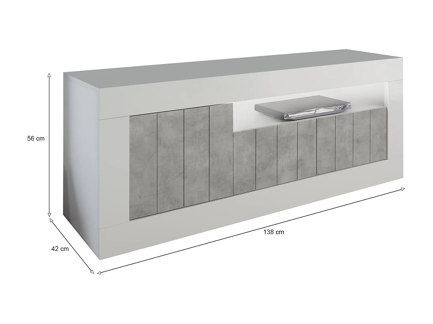 Dmurra TV-meubel, Woonkamerdressoir, Lage tv-kast, Voorzien van wandbasis, Made in Italy, 138x42 h56 cm, Glanzend wit en beton