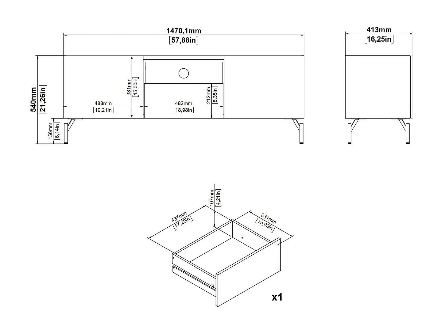 Meuble TV Ddtolo, Buffet de salon, Armoire basse pour TV, Base murale de rangement, 147x41 h54 cm, Chêne et Noir