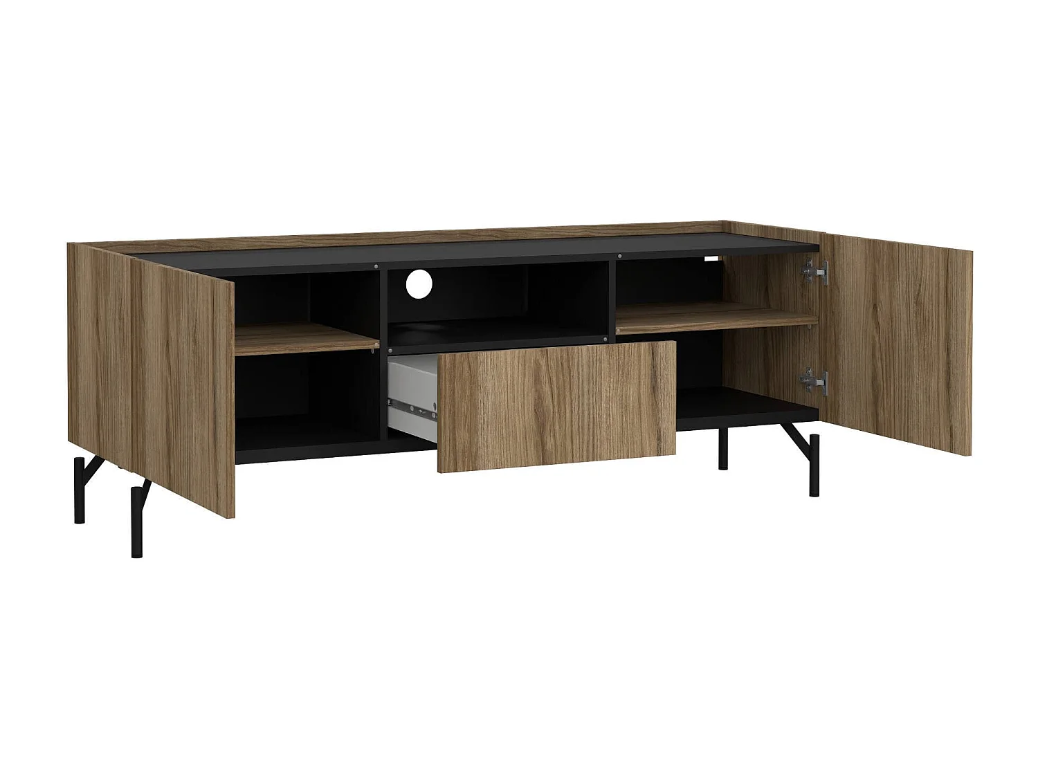 Meuble TV Ddtolo, Buffet de salon, Armoire basse pour TV, Base murale de rangement, 147x41 h54 cm, Chêne et Noir