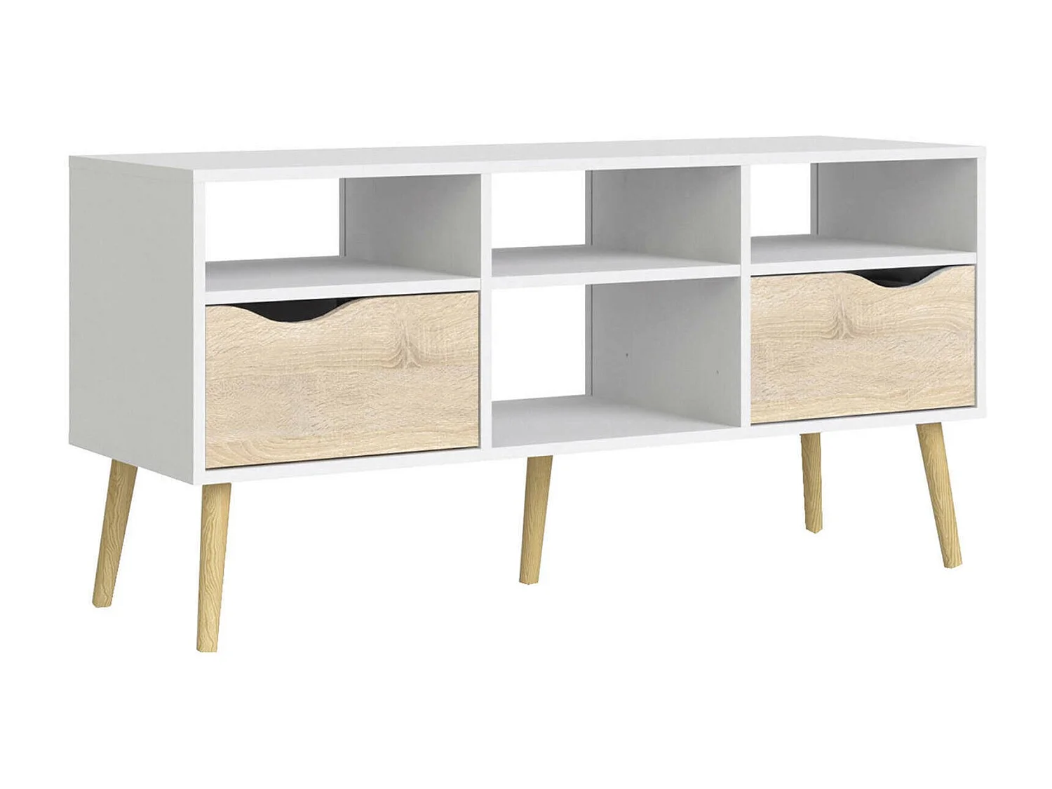 Dtesse TV-meubel, Woonkamerdressoir, Lage tv-kast, Voorzien van wandbasis, 117x39 h57 cm, Wit en Eiken