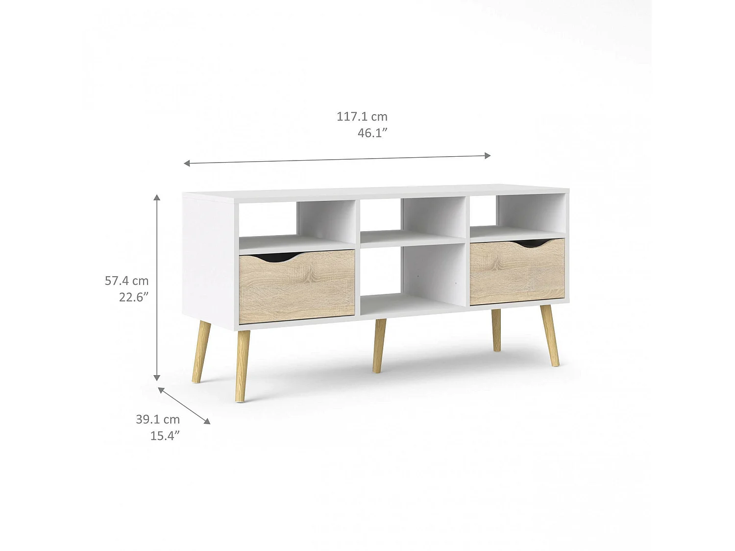 Dtesse TV-meubel, Woonkamerdressoir, Lage tv-kast, Voorzien van wandbasis, 117x39 h57 cm, Wit en Eiken