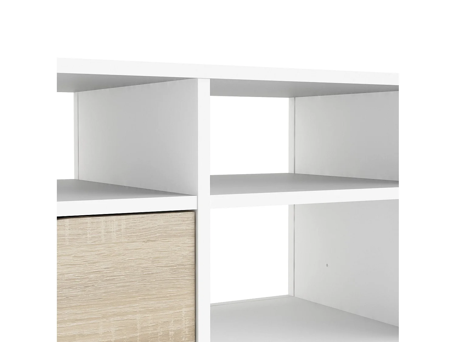Meuble TV Dtesse, Buffet de salon, Armoire basse pour TV, Base murale de rangement, 117x39 h57 cm, Blanc et chêne