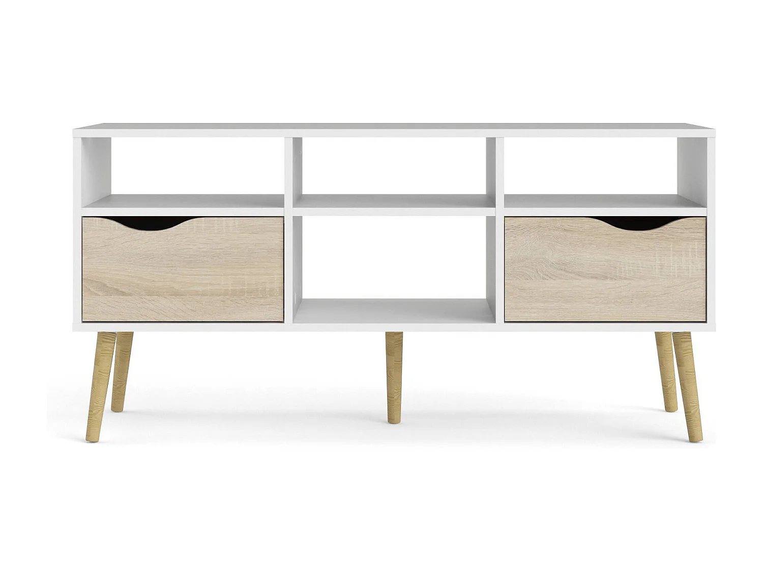 Meuble TV Dtesse, Buffet de salon, Armoire basse pour TV, Base murale de rangement, 117x39 h57 cm, Blanc et chêne