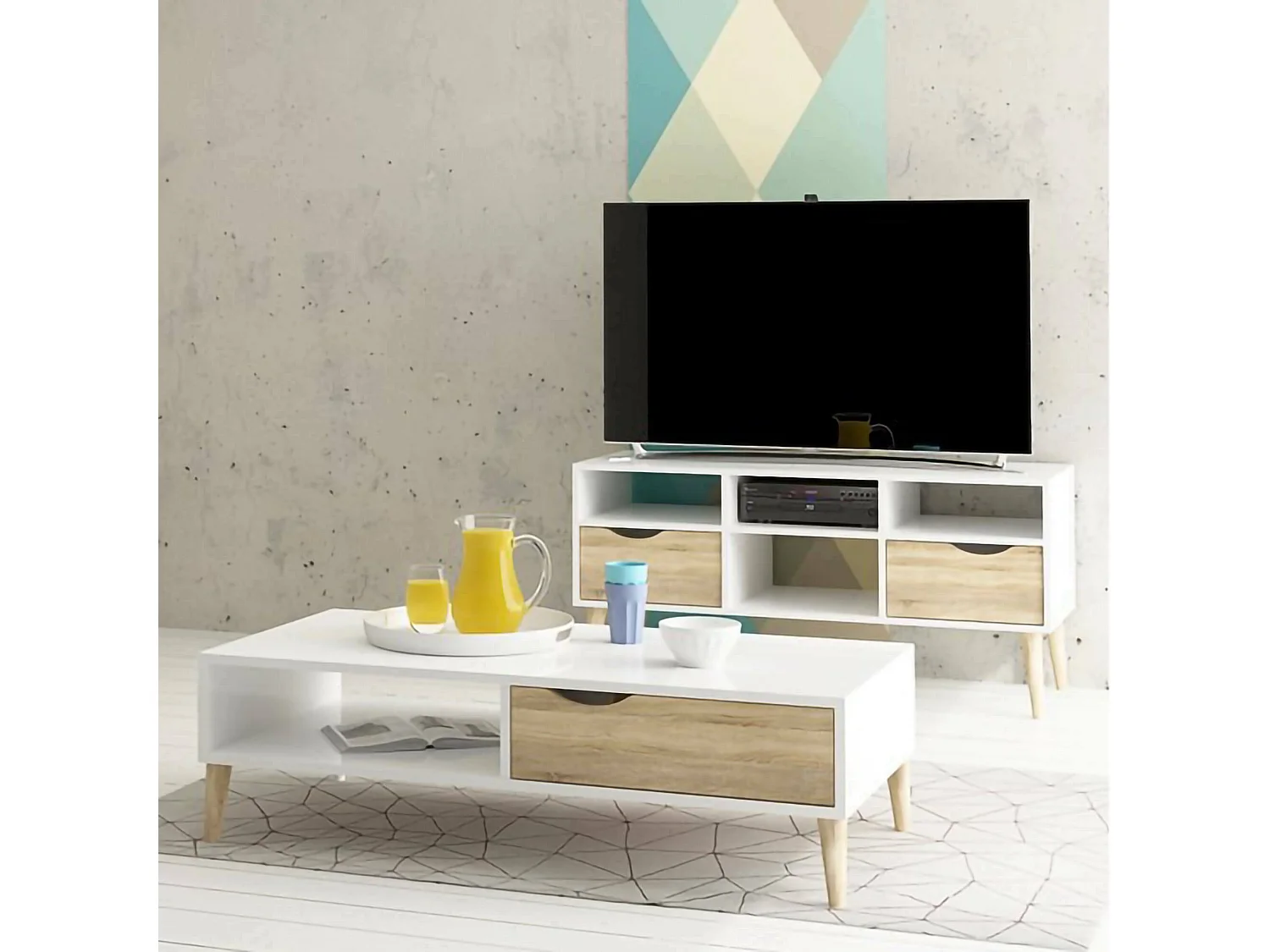 Meuble TV Dtesse, Buffet de salon, Armoire basse pour TV, Base murale de rangement, 117x39 h57 cm, Blanc et chêne