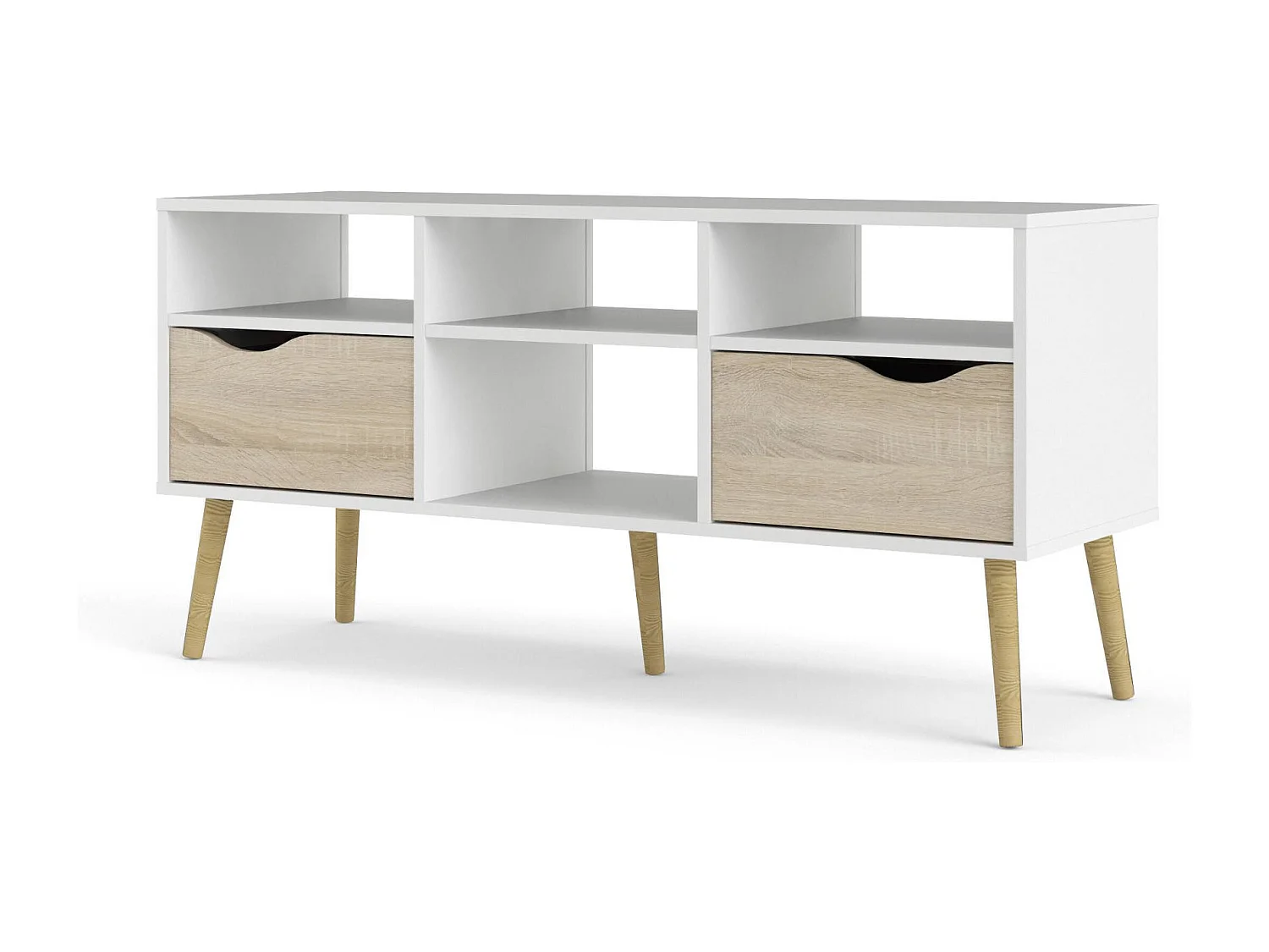 Meuble TV Dtesse, Buffet de salon, Armoire basse pour TV, Base murale de rangement, 117x39 h57 cm, Blanc et chêne