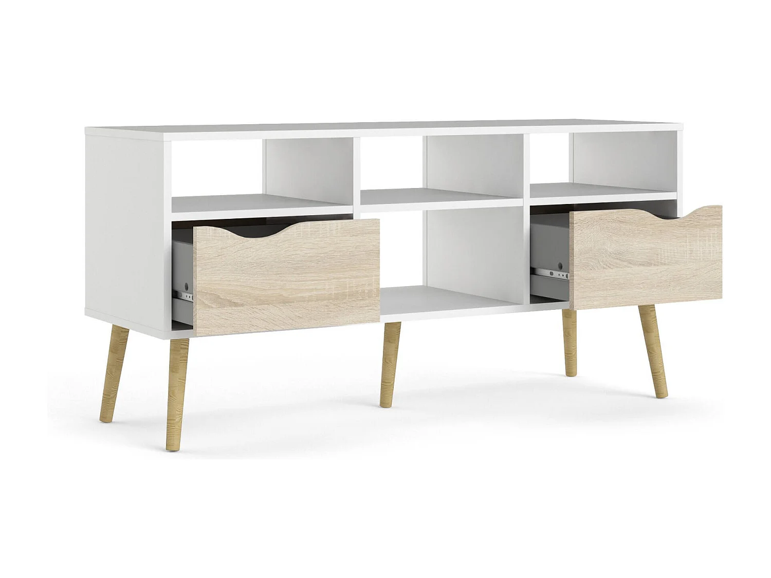 Meuble TV Dtesse, Buffet de salon, Armoire basse pour TV, Base murale de rangement, 117x39 h57 cm, Blanc et chêne