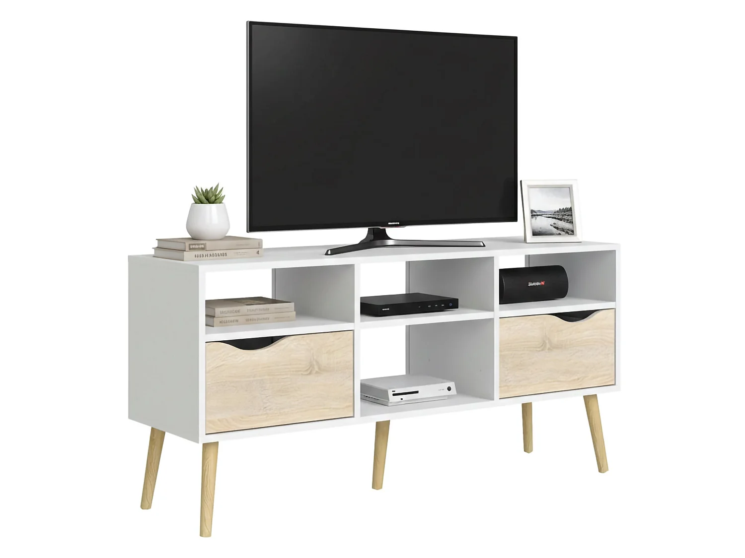 Dtesse TV-meubel, Woonkamerdressoir, Lage tv-kast, Voorzien van wandbasis, 117x39 h57 cm, Wit en Eiken
