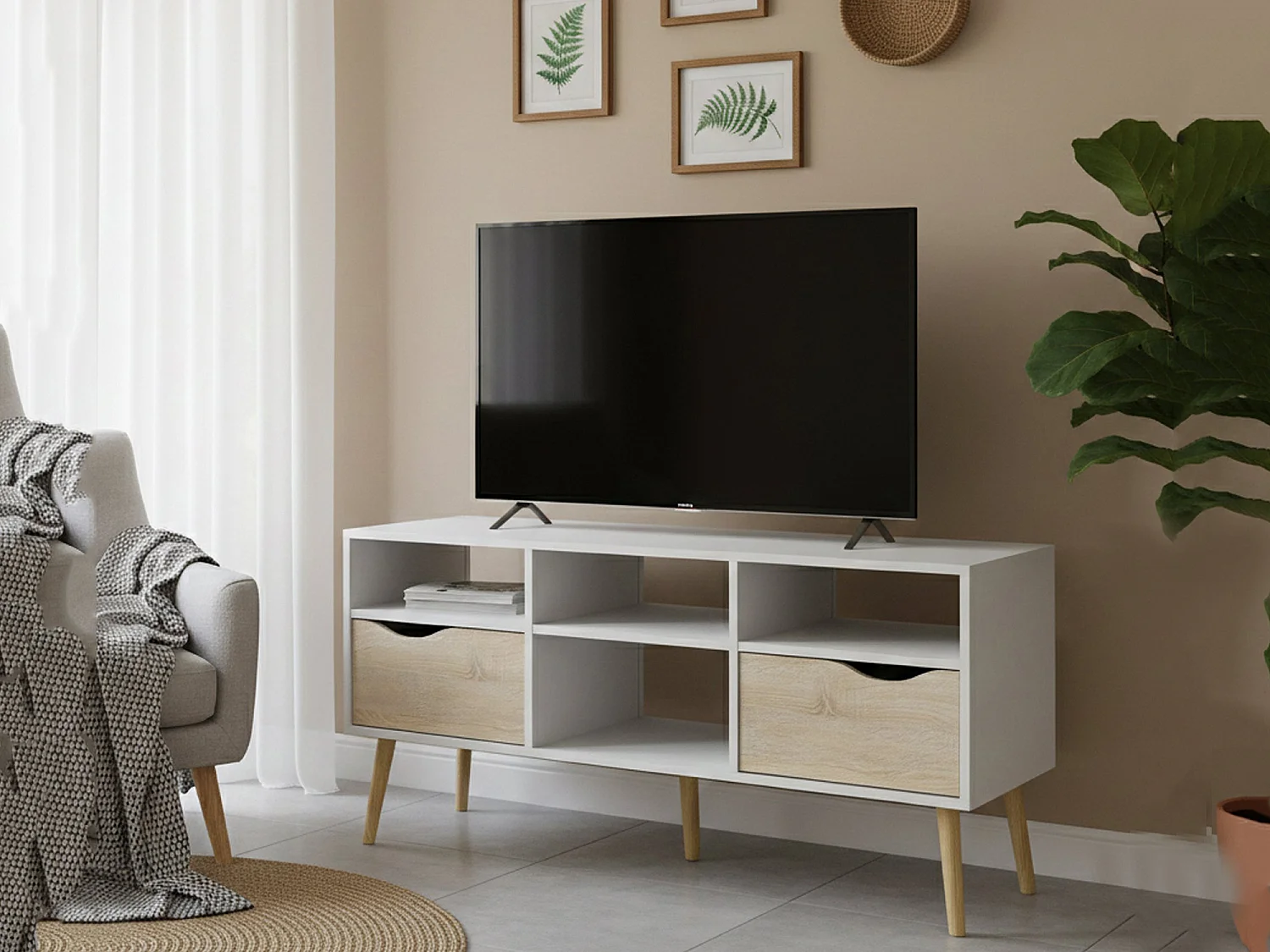 Dtesse TV-meubel, Woonkamerdressoir, Lage tv-kast, Voorzien van wandbasis, 117x39 h57 cm, Wit en Eiken