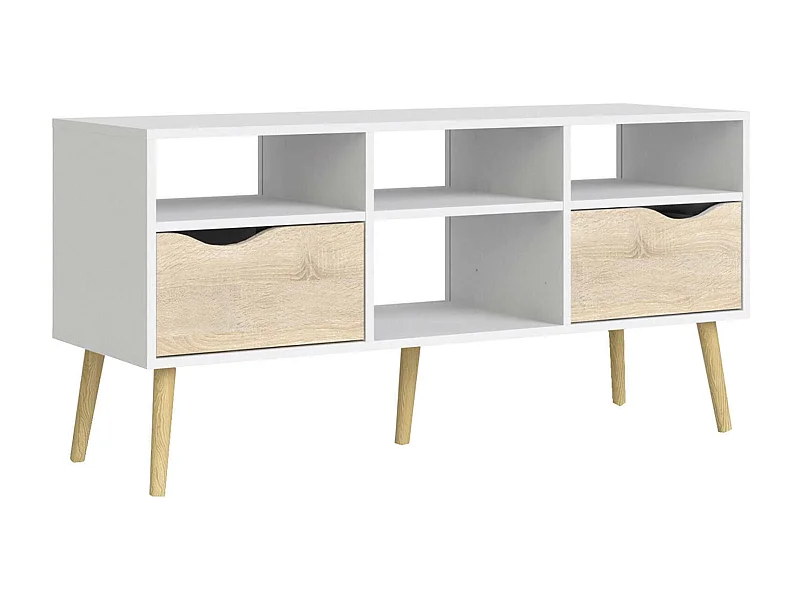 Meuble TV Dtesse, Buffet de salon, Armoire basse pour TV, Base murale de rangement, 117x39 h57 cm, Blanc et chêne