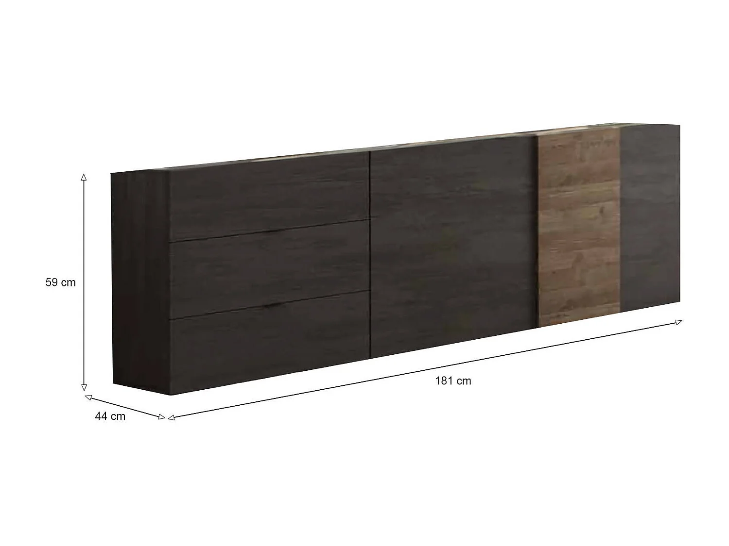 Meuble TV Dbrow, Buffet de salon, Armoire basse pour TV, Base murale de rangement, Made in Italy, 181x44 h59 cm, Ardoise et Noyer