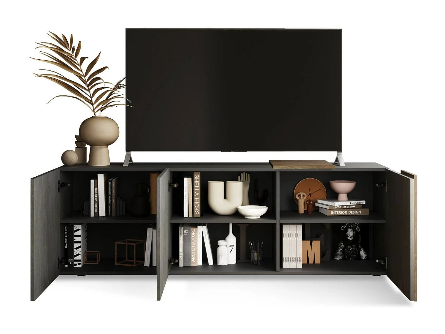 Meuble TV Dbrow, Buffet de salon, Armoire basse pour TV, Base murale de rangement, Made in Italy, 181x44 h59 cm, Ardoise et Noyer