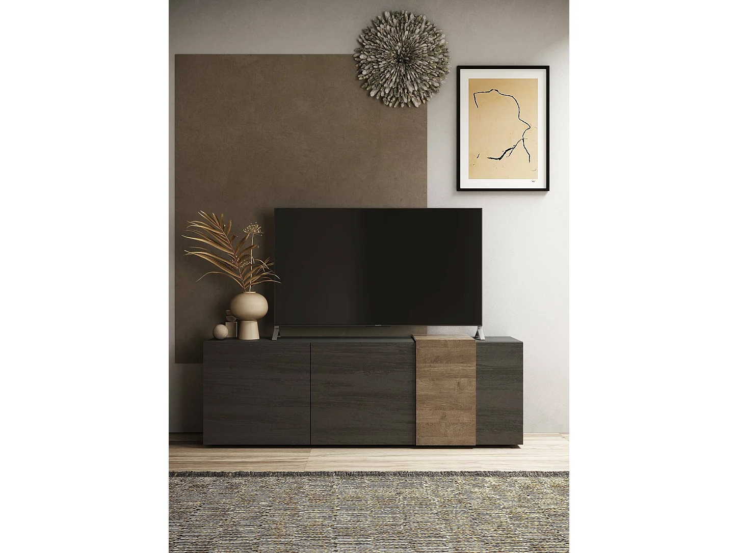 Meuble TV Dbrow, Buffet de salon, Armoire basse pour TV, Base murale de rangement, Made in Italy, 181x44 h59 cm, Ardoise et Noyer