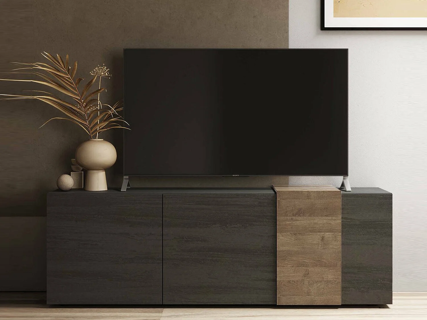 Meuble TV Dbrow, Buffet de salon, Armoire basse pour TV, Base murale de rangement, Made in Italy, 181x44 h59 cm, Ardoise et Noyer