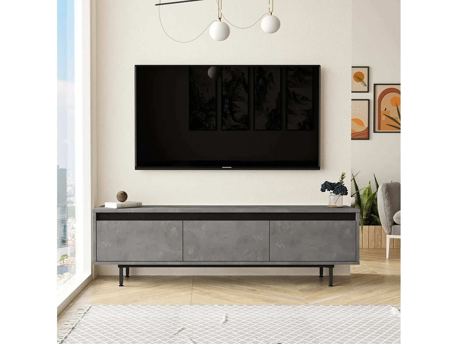 Meuble TV Dpartipil, Buffet de salon, Armoire basse pour TV, Base murale de rangement, 160x36 h45 cm, Argent et Noir