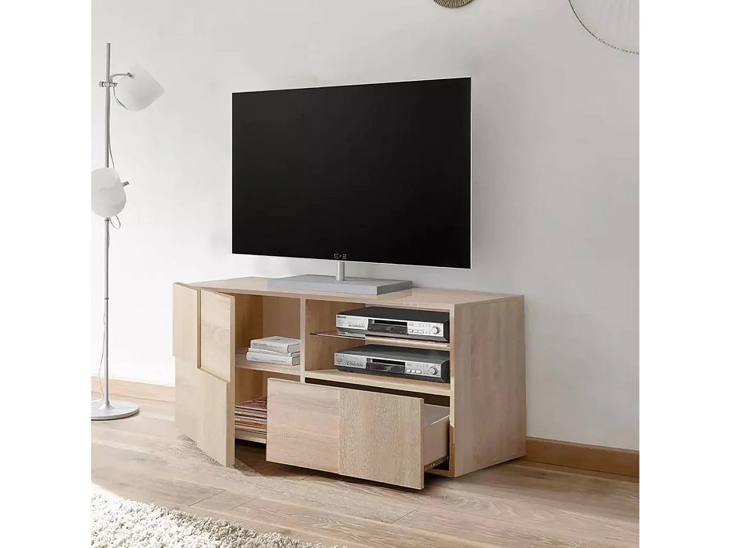 Meuble TV Dcutron, Buffet de salon, Armoire basse pour TV, Base murale de rangement, Made in Italy, 122x43 h57 cm, Chêne clair