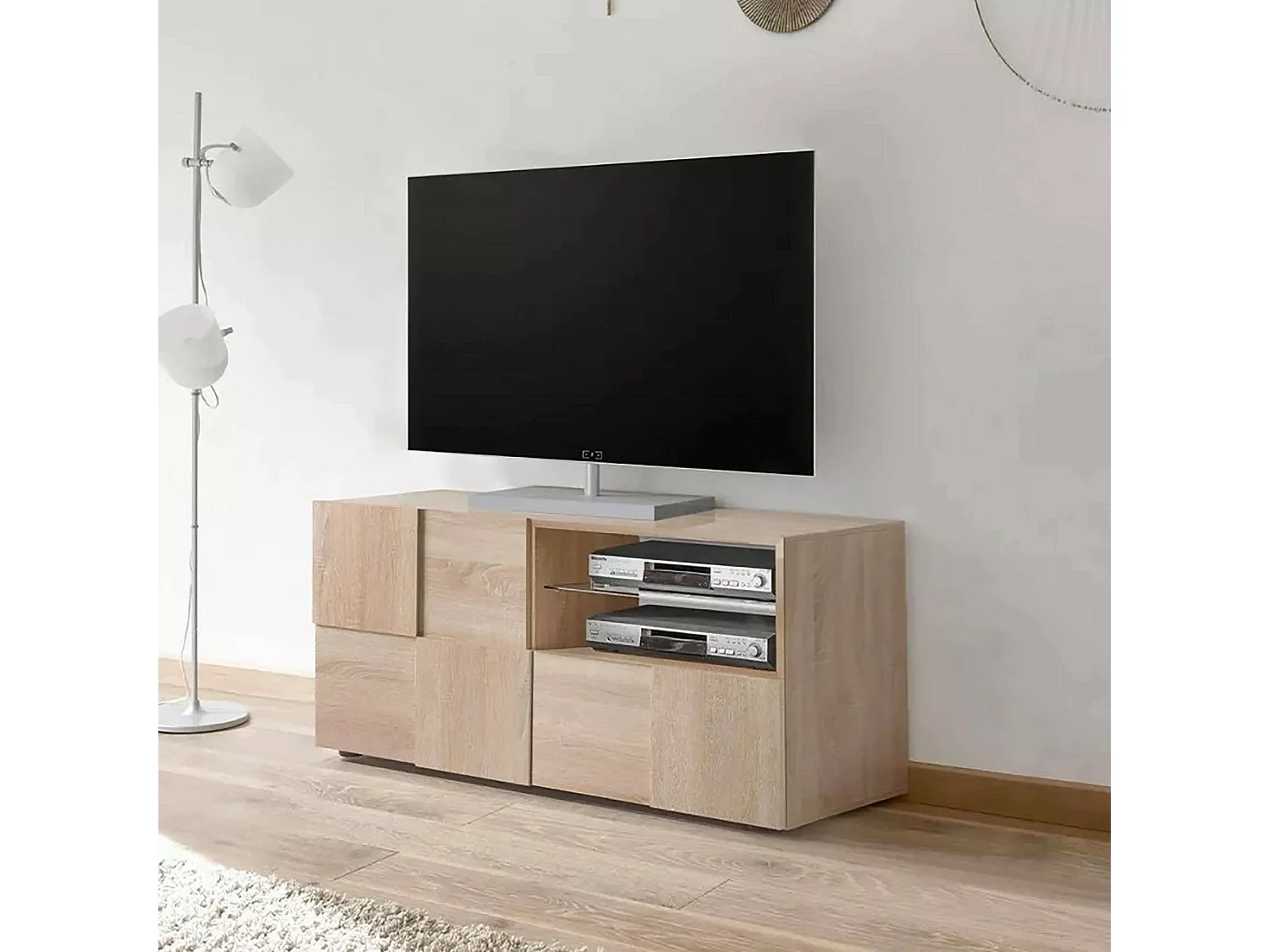 Dcutron TV-meubel, Woonkamerdressoir, Lage tv-kast, Uitgeruste muurbasis, Made in Italy, 122x43 h57 cm, Eiken