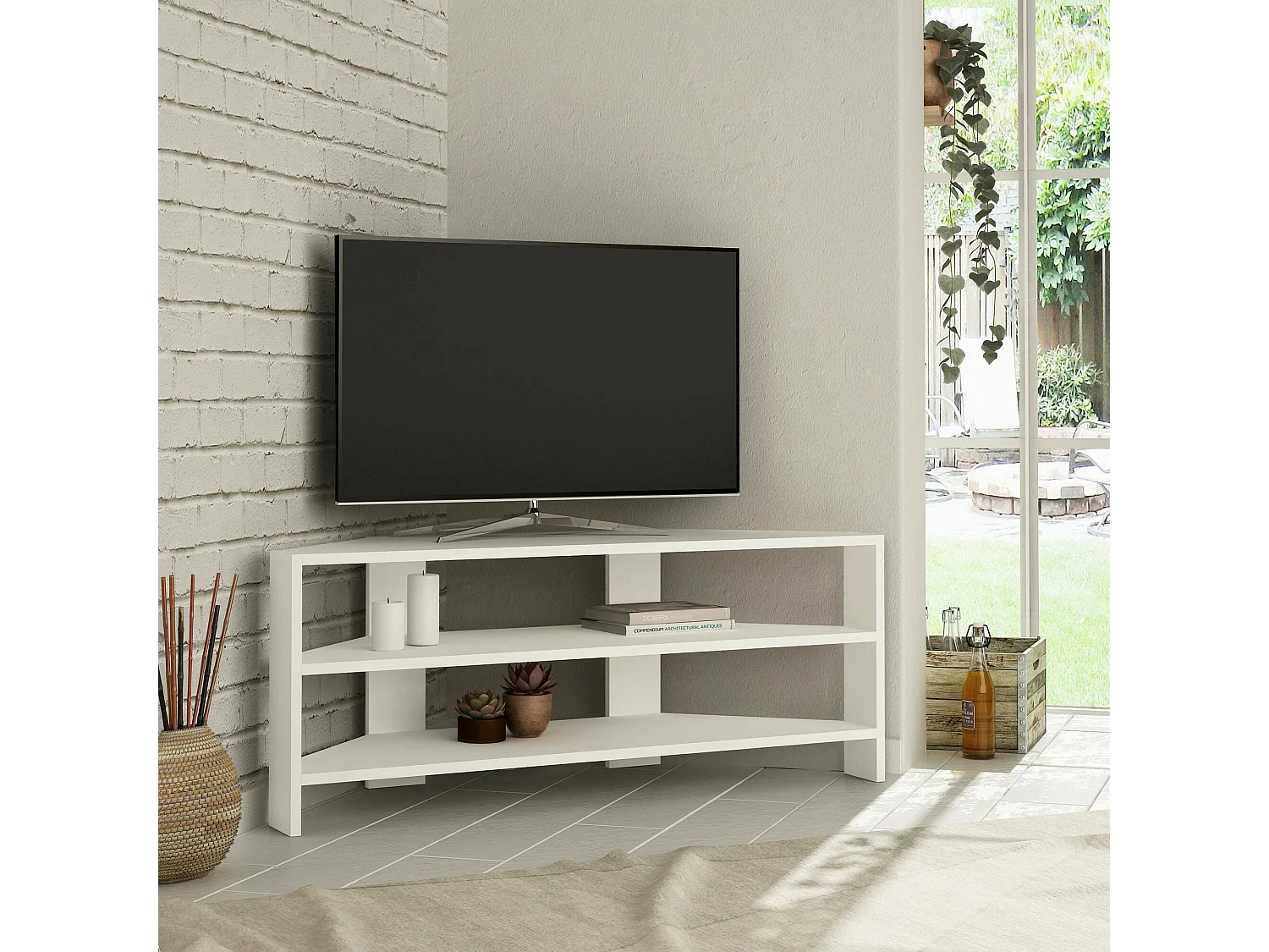 Meuble TV Dpossanzin, Buffet de salon, Armoire basse pour TV, Base murale de rangement, 110x36 h45 cm, Blanc