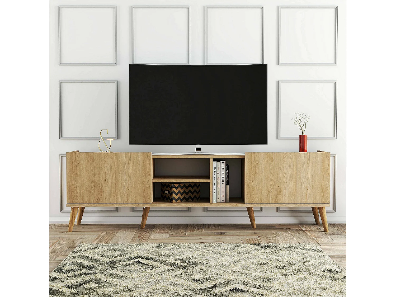 Meuble TV Dmagnanell, Buffet de salon, Armoire basse pour TV, Base murale de rangement, 180x34 h52 cm, Chêne