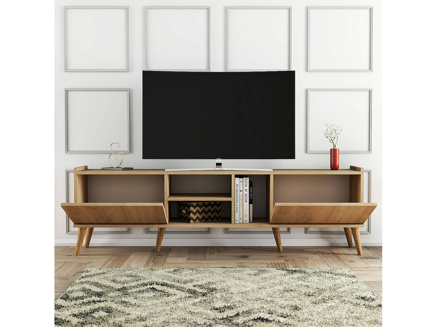 Meuble TV Dmagnanell, Buffet de salon, Armoire basse pour TV, Base murale de rangement, 180x34 h52 cm, Chêne