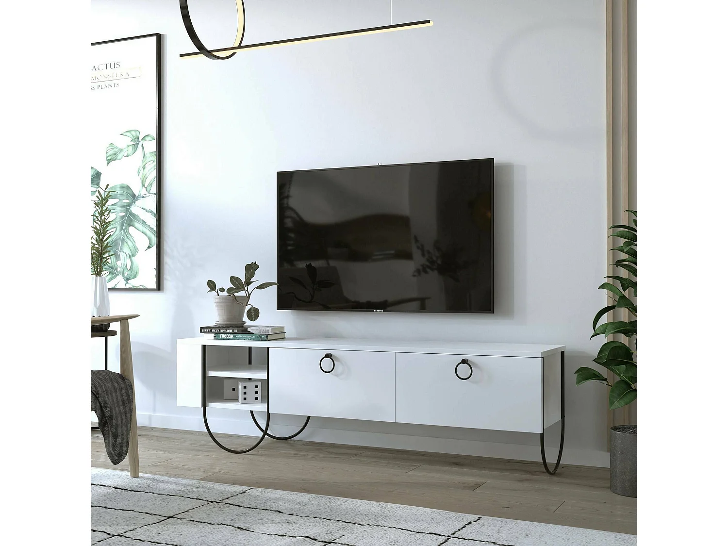 Meuble TV Dpieragnol, Buffet de salon, Armoire basse pour TV, Base murale de rangement, 150x36 h44 cm, Blanc