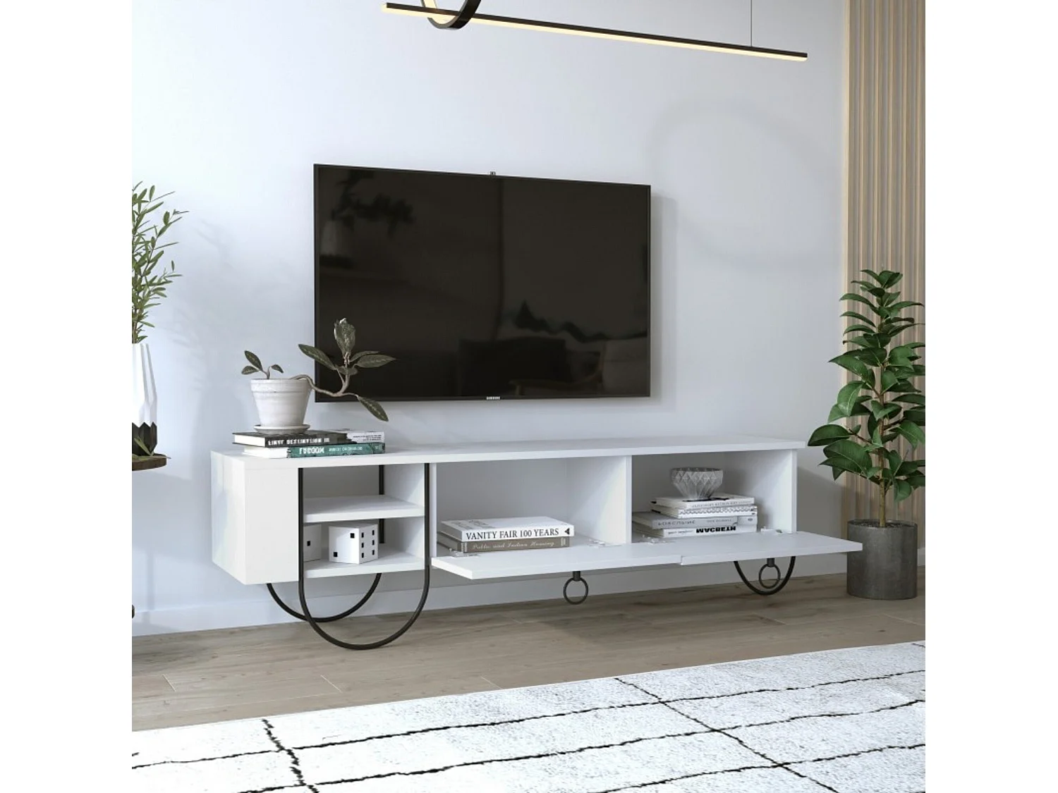 Meuble TV Dpieragnol, Buffet de salon, Armoire basse pour TV, Base murale de rangement, 150x36 h44 cm, Blanc